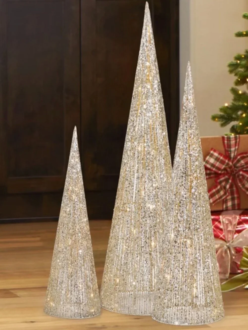 🎄 Holiday Living Gold LED Cone Christmas Trees Set 3 Light Color Change Indoor
